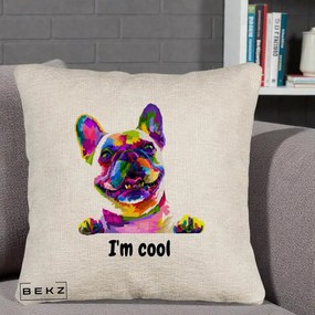 Perna Personalizata Bulldog Francez I'm Cool, 40x40 cm, Bej Canapea, Husa Detasabila, Perna Inclusa, BEKZ®