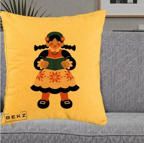 Perna Personalizata Fetita cu Carte Ilustratie Folk, 40x40 cm, Galben, Husa Detasabila, Perna Inclusa, BEKZ®