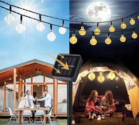 Ghirlandă solară decorativă LED, 50 LED, 8 funcții, acumulator 500 mAh, 9,5 m, IP67, alb cald