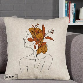 Perna Decorativa Portret Feminin Crin Ruginiu Auriu, 40x40 cm, Bej Canapea, Husa Detasabila, Perna Inclusa, BEKZ®