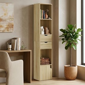 HOMCOM Bibliotecă Îngustă cu 6 Rafturi, Sertare, Ușă și Polițe Deschise, 30x24x158 cm, Stejar | Aosom Romania