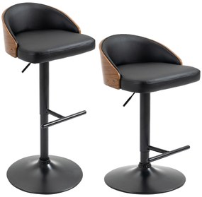 HOMCOM Scaune de Bar Set 2 buc., Scaun de Bar Tapitat din Oțel și Lemn Masiv, Înălțime Reglabilă pentru Bucătărie cu Suport pentru Picior, Rotativ 360°, Scaun de Bar pentru Bucătărie, Sufragerie, Sală de Mese, Negru+Cafea | Aosom Romania