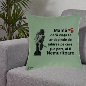 Cadou pentru Mama - Perna Personalizata Mama Nemuritoare Gravura Vintage, 40x40 cm, Verde, Husa Detasabila, Perna Inclusa, BEKZ®