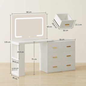 HOMCOM Masă de Toaletă cu Oglindă LED, 6 Sertare și Prize, Birou Modern Alb pentru Dormitor | Aosom Romania
