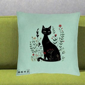 Perna Decorativa Pisica Neagra Botanica Rosu-Gri, 40x40 cm, Verde Menta, Husa Detasabila, Perna Inclusa, BEKZ®