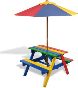 vidaXL Masă de picnic pentru copii cu bănci și umbrelă, lemn multicolor