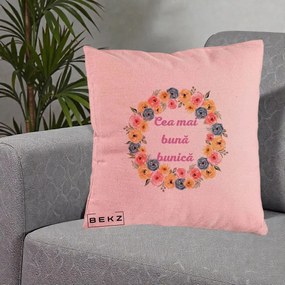 Cadou pentru Bunica - Perna Personalizata Cea Mai Buna Bunica Coronita Flori Multicolore, 40x40 cm, Roz, Husa Detasabila, Perna Inclusa, BEKZ®