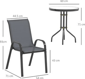 Outsunny Set Mobilier de Grădină din 3 Piese cu Scaune Suprapozabile și Masă din Sticlă, 54x71x93 cm, Gri Închis | Aosom Romania