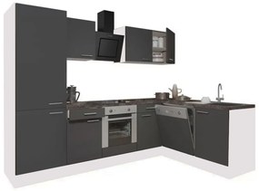 Mobilă de bucătărie de colț Yorki 280, corp alb, față antracit satinat cu element inferior cuptor, dulap cu rafturi