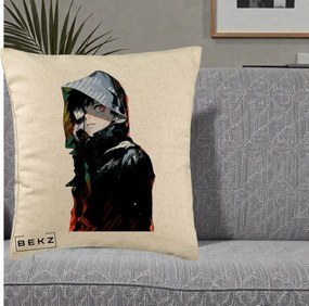 Perna Personalizata Tokyo Ghoul Ken Kaneki cu Masca si Gluga, 40x40 cm, Bej, Husa Detasabila, Perna Inclusa, BEKZ®