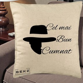 Cadou pentru Cumnat - Perna Personalizata Cel mai Bun Cumnat cu Silueta Palarie, 40x40 cm, Bej, Husa Detasabila, Perna Inclusa, BEKZ®