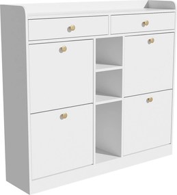 Dulap pentru pantofi cu 4 uși rabatabile, 2 sertare și 3 compartimente deschise, 110x26x100 cm, Alb