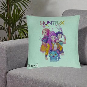Perna Personalizata K-pop HUNTRX Trio Foto cu Pisica, 40x40 cm, Verde Menta, Husa Detasabila, Perna Inclusa, BEKZ®
