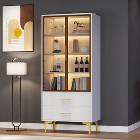 Vitrină Elegantă din Sticlă, cu Picioare Aurii și Rafturi Reglabile, Iluminare LED Multicoloră, potrivită pentru living, birou, 70x35x150 cm, Albă