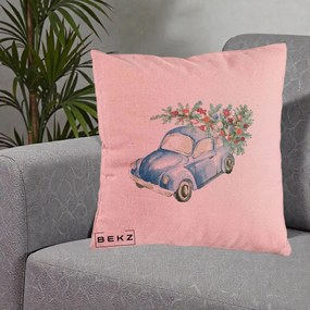 Perna Decorativa Masinuta Albastra cu Brad de Craciun, 40x40 cm, Roz, Husa Detasabila, Perna Inclusa, BEKZ®