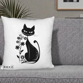 Perna Decorativa Pisica Neagra Grafica Minimalista, 40x40 cm, Alb Pufos, Husa Detasabila, Perna Inclusa, BEKZ®
