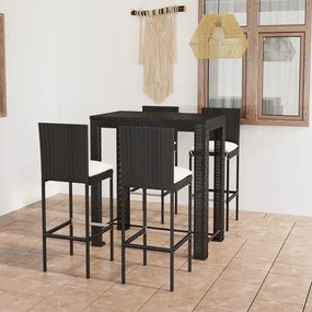 Set mobilier bar de exterior cu perne, 5 piese, negru, poliratan Negru, Lungime masa 100 cm, 5, Da