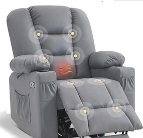 RESIGILAT- Fotoliu Electric Power Lift&Recliner, ridicare și rabatare, masaj și incalzire, porturi USB, suporturi pentru pahare, buzunare laterale, telecomenzi, PU, Gri