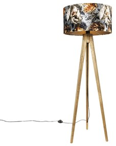 Lampă de podea vintage cu abajur din lemn cu design floral 50 cm - Tripod Classic