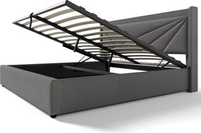 Pat dublu cu ladă de depozitare, funcție de încărcare USB Tip C, din bumbac și in, fără saltea, 160x200 cm, Gri