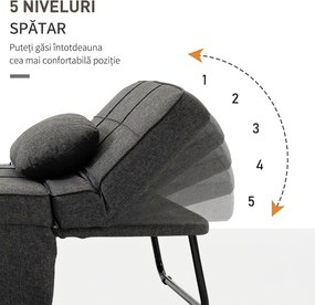 HOMCOM Canapea extensibilă cu Spătar Reglabil pe 5 Nivele și Pernă Suplimentară, 95x179x78 cm, Gri | Aosom Romania