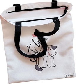 Sacosa de Panza pentru Cumparaturi, Geanta Tote, model Cat Lover, Cu fermoar, 38x34.5 cm, Alba, BEKZ®