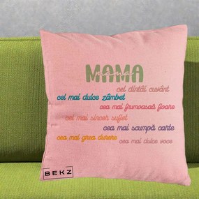 Cadou pentru Mama - Perna Personalizata Mama Cel Dintai Cuvant cu Text Colorat Multicolor, 40x40 cm, Roz, Husa Detasabila, Perna Inclusa, BEKZ®