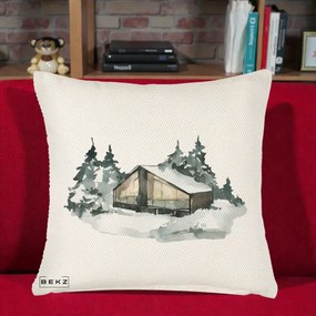 Perna Decorativa Cabana de Iarna in Padure, 40x40 cm, Crem Reliefat, Husa Detasabila, Perna Inclusa, BEKZ®