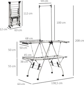 HOMCOM Uscător de rufe cu suport pliabil și roți, spațiu mare de uscare, oțel inoxidabil 138,5 x 63 x 208 cm argintiu negru | Aosom Romania