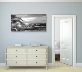 Tablou valuri de mare pe coastă în design alb-negru