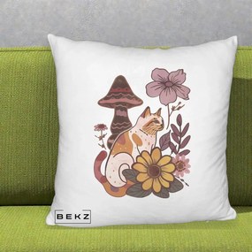 Perna Decorativa Pisica Vintage Florala Boho, 40x40 cm, Alb Pufos, Husa Detasabila, Perna Inclusa, BEKZ®