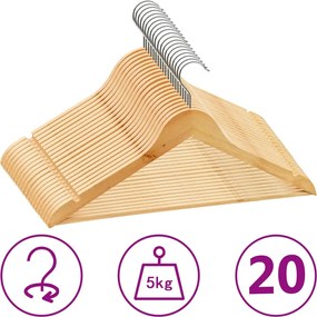vidaXL Set de umerașe anti-alunecare, 20 buc., lemn esență tare