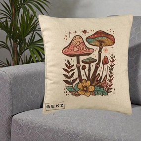 Perna Decorativa Ciuperci Boho Multicolore, 40x40 cm, Bej, Husa Detasabila, Perna Inclusa, BEKZ®