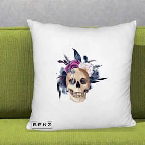 Perna Decorativa Craniu Floral cu Trandafiri si Ciuperci, 40x40 cm, Alb Pufos, Husa Detasabila, Perna Inclusa, BEKZ®