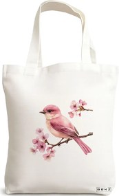 Sacosa de Panza pentru Cumparaturi, Geanta Tote, model Rose bird on the tree 38 x 34.5 cm, Alba, BEKZ®