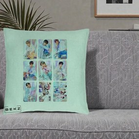 Perna Personalizata K-pop BTS Colaj 9 Fotografii Autografe Individual, 40x40 cm, Verde Menta, Husa Detasabila, Perna Inclusa, BEKZ®
