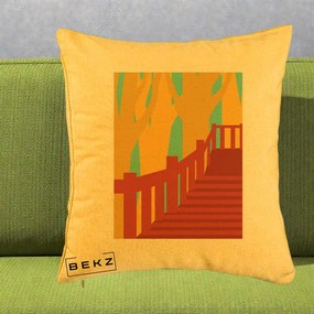 Perna Decorativa Scari Toamna Peisaj Grafic, 40x40 cm, Galben, Husa Detasabila, Perna Inclusa, BEKZ®