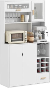 HOMCOM Dulap de Bucătărie cu Depozit de Vinuri, Bufet cu Cabină, Blat cu Microunde, Sertar, Poliță, Uși din Sticlă, 100x38x172 cm, Alb | Aosom Romania