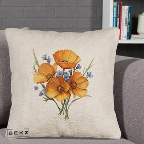 Perna Decorativa Maci Portocalii cu Floricele Albastre, 40x40 cm, Bej Canapea, Husa Detasabila, Perna Inclusa, BEKZ®