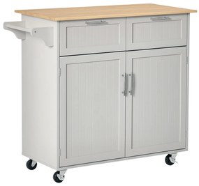 HOMCOM Insulă de Bucătărie cu Blat de Lucru din Lemn de Cauciuc, Roți, 2 Sertare, Dulăpior și Rafturi, 104x46x91 cm, Gri | Aosom Romania