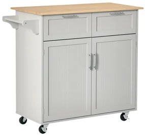 HOMCOM Insulă de Bucătărie cu Blat de Lucru din Lemn de Cauciuc, Roți, 2 Sertare, Dulăpior și Rafturi, 104x46x91 cm, Gri | Aosom Romania