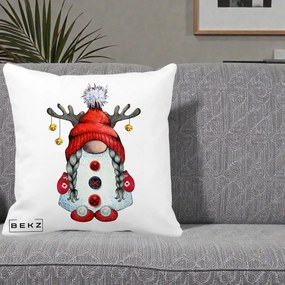 Perna Decorativa Pitic Gnom Craciun cu Coarne de Ren, 40x40 cm, Alba Mata, Husa Detasabila, Perna Inclusa, BEKZ®