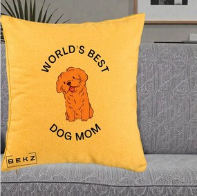 Cadou pentru Iubitorii de Caini - Perna Personalizata World's Best Dog Mom, 40x40 cm, Galben, Husa Detasabila, Perna Inclusa, BEKZ®