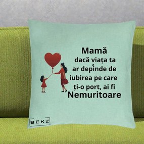 Cadou pentru Mama - Perna Personalizata Mama Nemuritoare cu Bebelus Kawaii, 40x40 cm, Verde Menta, Husa Detasabila, Perna Inclusa, BEKZ®