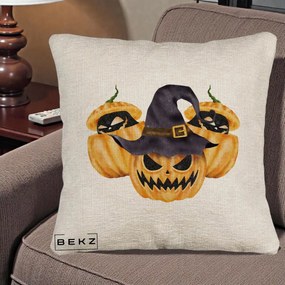 Perna Decorativa Trio Dovleci Jack-o-Lantern cu Palarie Vrajitoare, 40x40 cm, Bej Canapea, Husa Detasabila, Perna Inclusa, BEKZ®