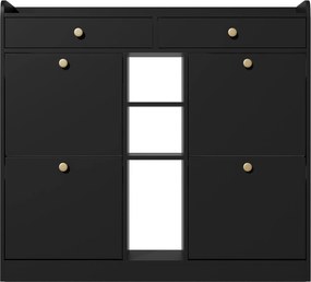 Dulap pentru pantofi cu 4 uși rabatabile, 2 sertare și 3 compartimente deschise, 110x26x100 cm, Negru