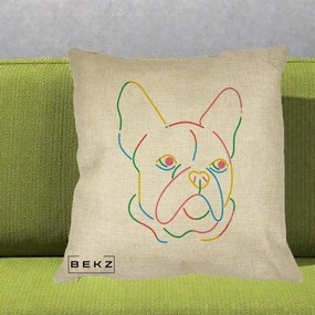 Perna Decorativa Bulldog Francez Line Art Curcubeu, 40x40 cm, Crem, Husa Detasabila, Perna Inclusa, BEKZ®