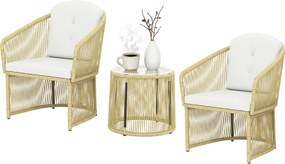 Outsunny Set de grădină exterior din rășină împletită pentru 2 persoane, masă de grădină exterioară cu 2 scaune cu perne, crem | Aosom Romania