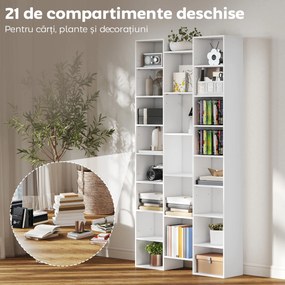 HOMCOM Bibliotecă Modernă din Lemn, Înălțime 181 cm, cu 21 Compartimente și 10 Rafturi Reglabile, Alb | Aosom Romania