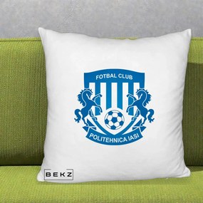 Perna Personalizata FC Politehnica Iasi Fotbal, 40x40 cm, Alb Pufos, Husa Detasabila, Perna Inclusa, BEKZ®